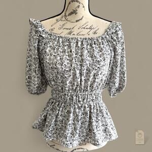 Nine West Black White Floral Peplum Blouse Smocked Waist Puff Sleeve S